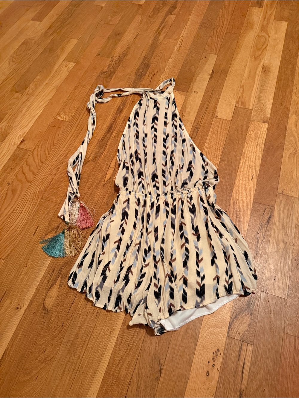 Sage Cream Halter Romper with Navy & Tan Print and Tassel Tie